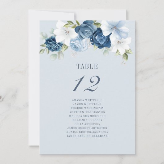 Blumenmuster-Tischnummer 12 robuste blaue Sitzkart Einladung (Vorderseite)