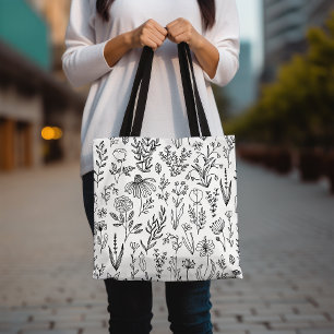 Blumenmuster Tote Beutel, Schwarz-Weiß Totbeutel Tasche