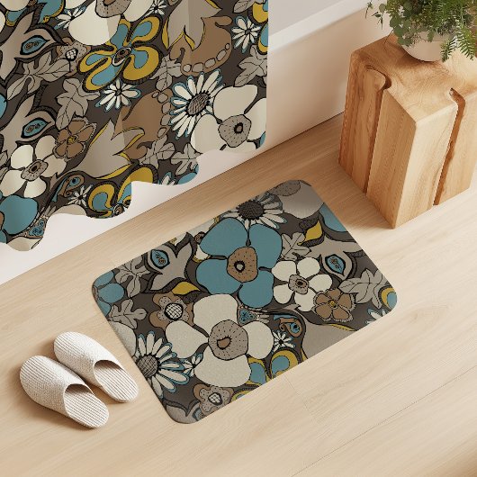 Blumenmuster Türkis Braun Senfgelb  Badematte