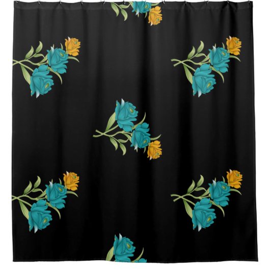 Blumenmuster Türkis Korallengrün auf schwarz Duschvorhang (Vorderseite)