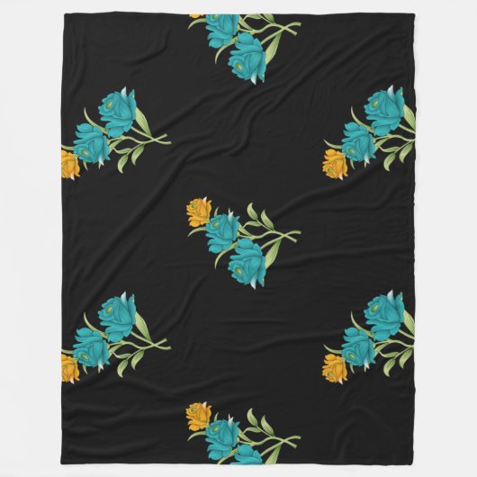 Blumenmuster Türkis Korallengrün auf schwarz Fleecedecke (Vorderseite)