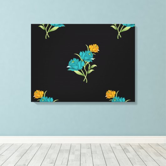 Blumenmuster Türkis Korallengrün auf schwarz Leinwanddruck (Insitu (Holzboden))
