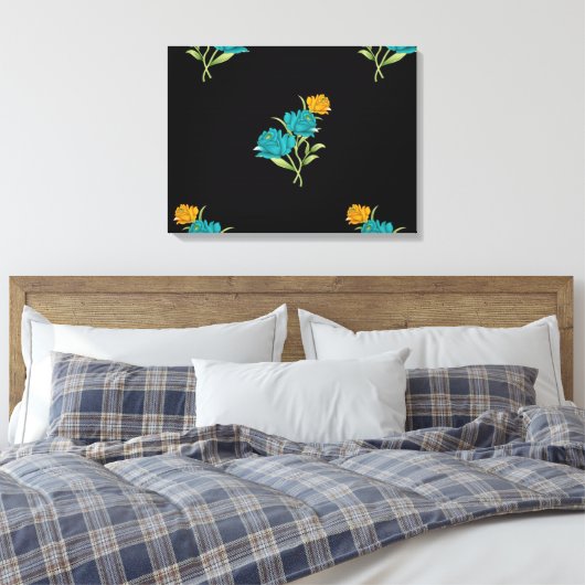 Blumenmuster Türkis Korallengrün auf schwarz Leinwanddruck (Insitu (Schlafzimmer))