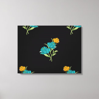 Blumenmuster Türkis Korallengrün auf schwarz Leinwanddruck