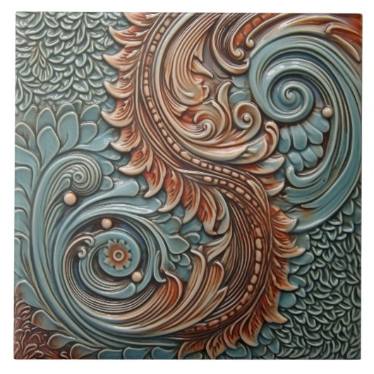 Blumenmuster, Viktorianisch, Aquamarin, Orangefarb Fliese (Vorderseite)