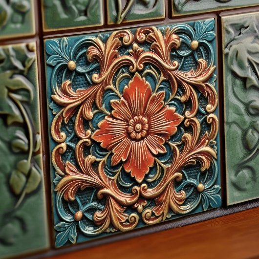 Blumenmuster, Viktorianisch, Aquamarin, Orangefarb Fliese