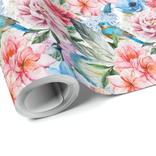 Blumenmuster Vögel Folies Blume Grün Blau Geschenkpapier