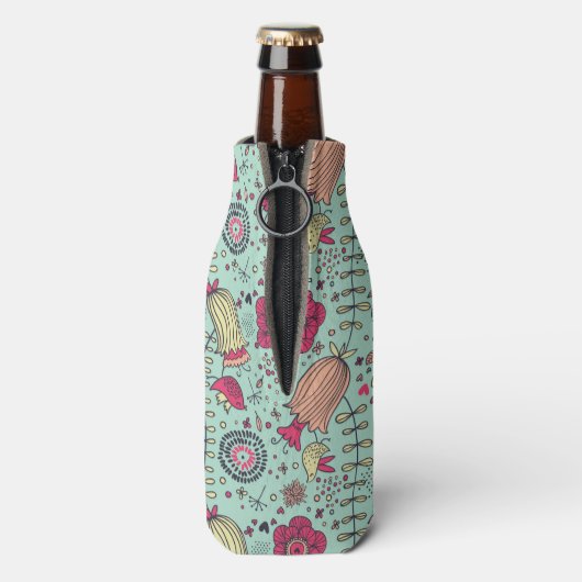 Blumenmuster von Cartoon mit Vögeln Flaschenkühler (Flasche Rückseite)