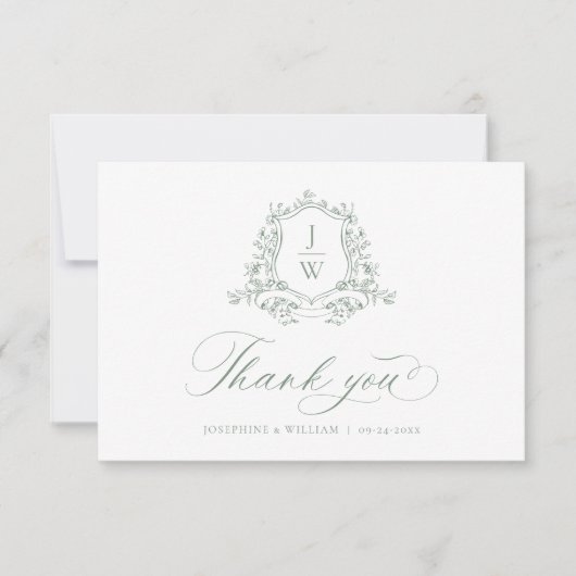 Blumenmuster-Wappen-Hochzeitsgeschenk auf grüner E Dankeskarte (Vorderseite)