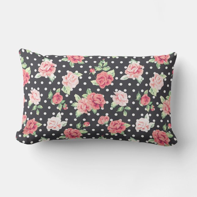 Blumenmuster Weißpolka-Punkt auf schwarzem Hinterg Lendenkissen (Vorderseite)