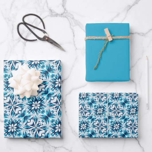 Blumenmuster wirbeln - in blau geschenkpapier set (Vorderseite)
