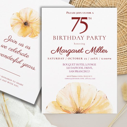 Blumenmuster zum 75. Geburtstag - elegantes Gelbbl Einladung