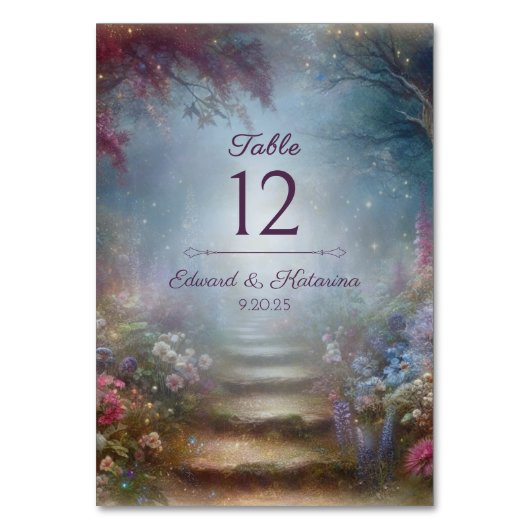 Blumenmystische Hochzeit in verzaubertem Wald Tischnummer (Vorderseite)