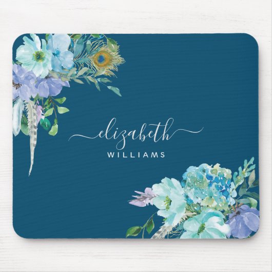 Blumennacht Blaue Minze Blätter Botanische Schrift Mousepad (Vorne)