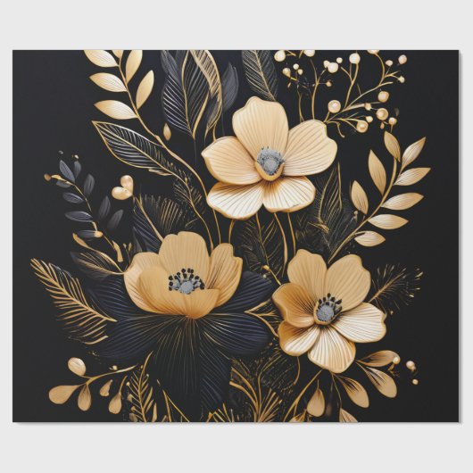 Blumennacht: Schwarze und goldene Muster Geschenkpapier (Flach)