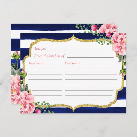 Blumennavy Blue Stripes Brautparty Rezept Card Einladungspostkarte (Vorne/Hinten)