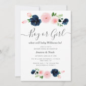 Blumennavy und errötliches Baby Einladung (Vorderseite)