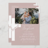 Blumenneutrales Cross-Minimalistisch Baptim-Foto Einladung (Vorne/Hinten)