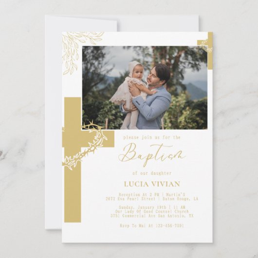 Blumenneutrales Cross-Minimalistisch Baptim-Foto Einladung (Vorderseite)