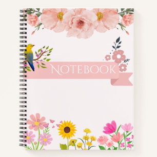 Blumennotizbuch mit Vogel und Sonnenblume Notizblock