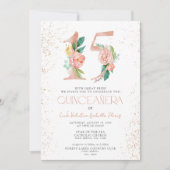 Blumennummer 15 QR Rosa Rose Gold Quinceañera Einladung (Vorderseite)