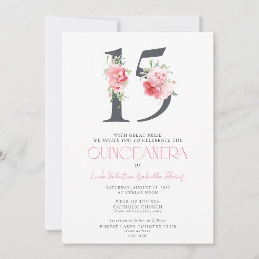 Blumennummer 15 Rosa Elegant QR Quinceañera Einladung (Vorderseite)