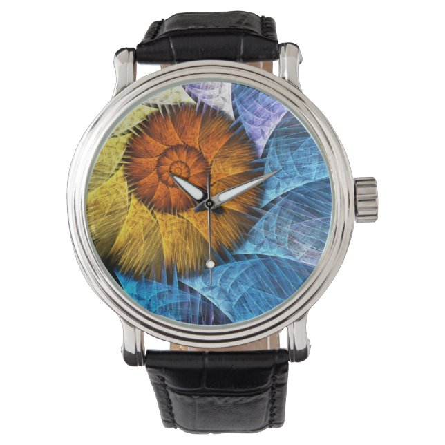 Blumenorange Gelb Blau Abstrakte Kunst Armbanduhr (Vorderseite)