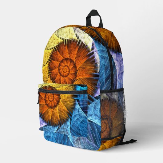 Blumenorange Gelb Blau Abstrakte Kunst Bedruckter Rucksack (Rückseitige Ecke Rechts)