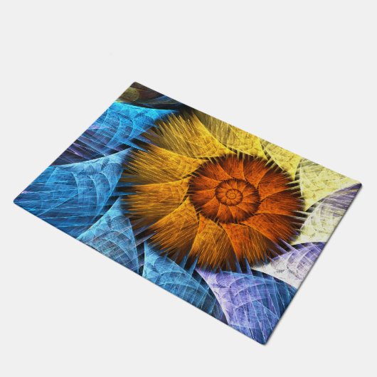 Blumenorange Gelb Blau Abstrakte Kunst Fußmatte (Schrägansicht)