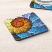 Blumenorange Gelb Blau Abstrakte Kunst Getränkeuntersetzer (Linke Seite)