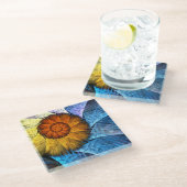 Blumenorange Gelb Blau Abstrakte Kunst Glasuntersetzer (Schrägansicht)