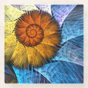 Blumenorange Gelb Blau Abstrakte Kunst Glasuntersetzer