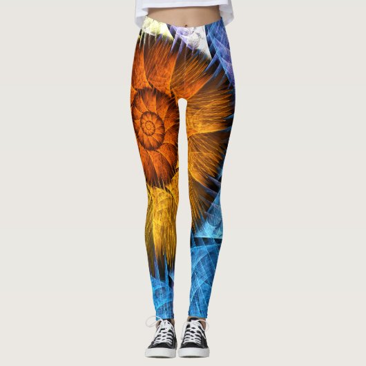 Blumenorange Gelb Blau Abstrakte Kunst Leggings (Vorderseite)