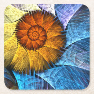 Blumenorange Gelb Blau Abstrakte Kunst Rechteckiger Pappuntersetzer