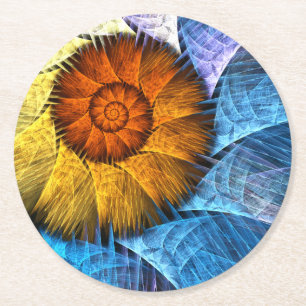 Blumenorange Gelb Blau Abstrakte Kunst Runder Pappuntersetzer