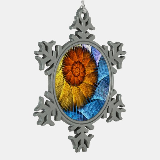 Blumenorange Gelb Blau Abstrakte Kunst Schneeflocken Zinn-Ornament (Links)