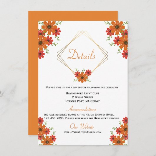 Blumenorange Hochzeitsdetails Land Fall Rustikal Einladung (Vorne/Hinten)