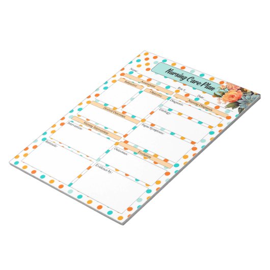 Blumenorange n Blue Polka Dot _ Pflegeplan Notizblock (angewinkelt)