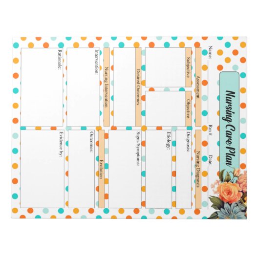 Blumenorange n Blue Polka Dot _ Pflegeplan Notizblock (Vorderseite)