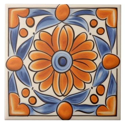 Blumenorange und blaue mediterrane Blume Fliese (Vorderseite)