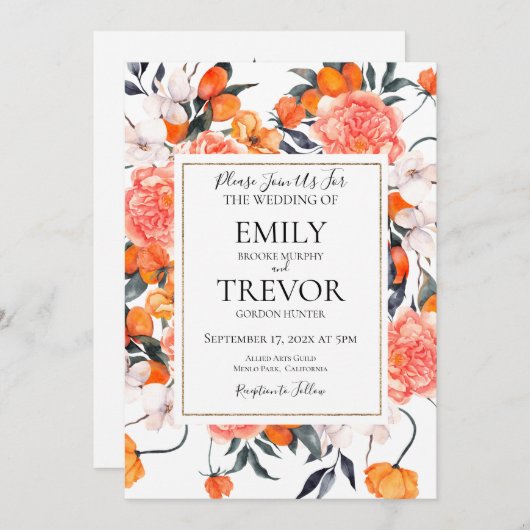 Blumenorange und weiße Hochzeitseinladung Detail (Vorne/Hinten)