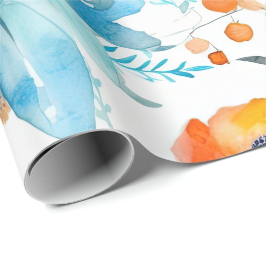 Blumenorangen und Blues-Umschlagpapier Geschenkpapier (Rolleneckpunkt)