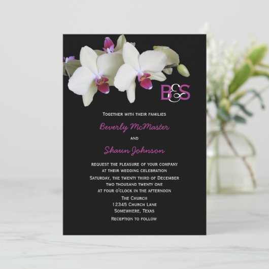 Blumenorchid Einladung mit Monogrammen (Stehend Vorderseite)