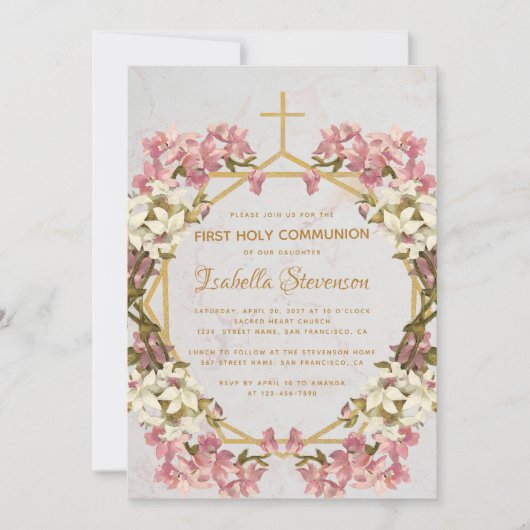 Blumenorchideen Marble Gold Erste Heilige Kommune Einladung (Vorderseite)