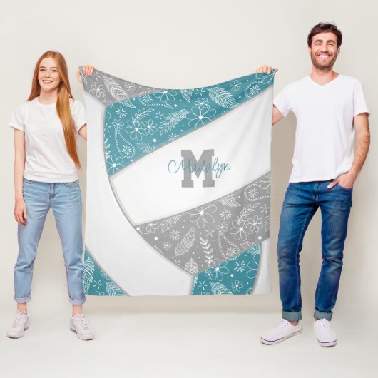 Blumenpaisley-Federn aquamarines graues Boho-Volle Fleecedecke (Beispiel)