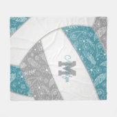 Blumenpaisley-Federn aquamarines graues Boho-Volle Fleecedecke (Vorderseite (Horizontal))