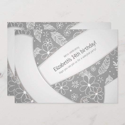 Blumenpaisley Federn Doodles Grauvolleyball Einladung (Vorne/Hinten)