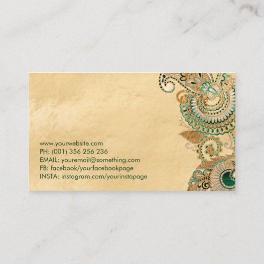 Blumenpaisley Ornament Malachite and Gold Visitenkarte (Rückseite)