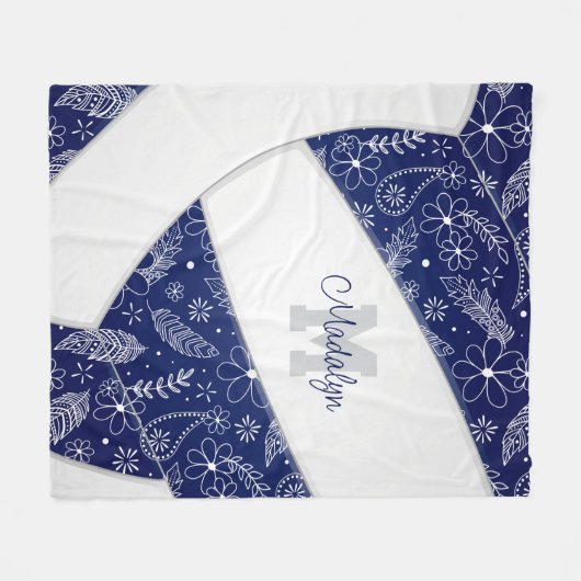 Blumenpaisleys marineblau, weißer Volleyball Fleecedecke (Vorderseite (Horizontal))