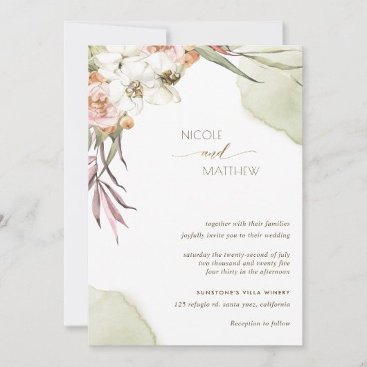 Blumenpalme-Blätter, Hochzeit von Grün und Pfirsic Einladung (Vorderseite)